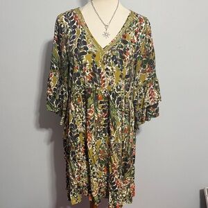 JODIFL Olive Green Multicolor Floral V-Neck Tunic